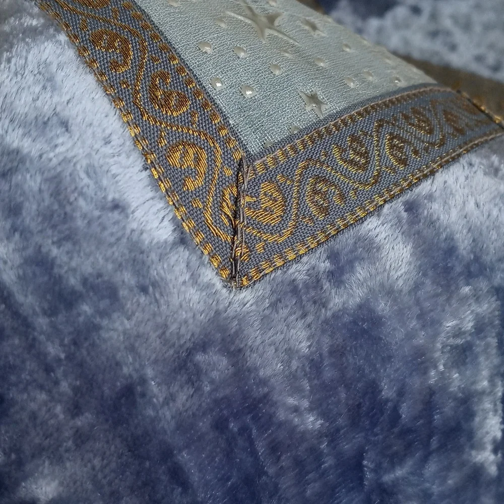 Vintage Dusty Blue Gold Velvet Embroidered Embossed Star Pillow Sham 15” X 16”